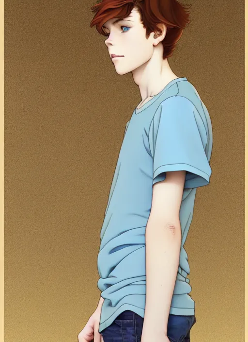 Image similar to art nouveau portrait of a teen boy with completely straight auburn hair, light blue eyes, pale skin, freckles, sad expression, t - shirt, modern casual clothing, natural lighting, path traced, highly detailed, high quality, cartoon, digital painting, by don bluth and ross tran and studio ghibli and alphonse mucha