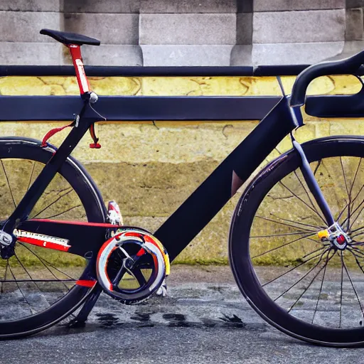 Prompt: modern road bicycle made from bacon, ridden at the champs elysees at the tour de france, high detail sports photography