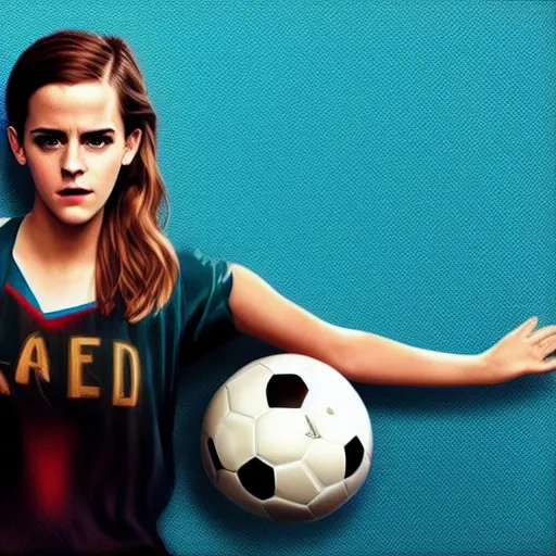 Prompt: Emma Watson in ted lasso poster, blue background, soccer ball, football, TV series, NBC Sports poster, prints, 8K, hyperrealistic