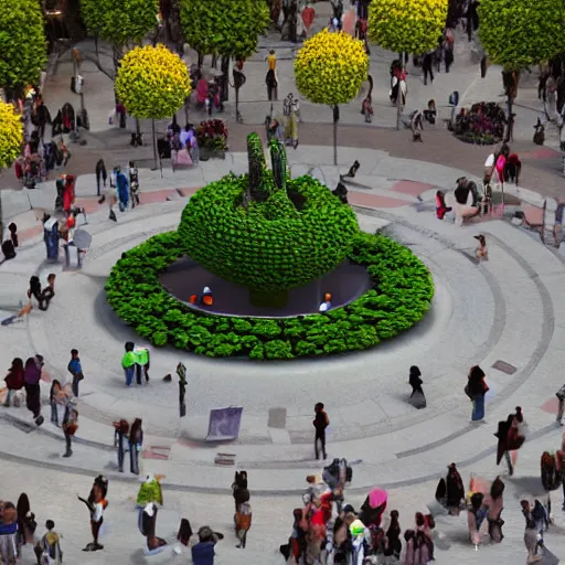 Prompt: photorealistic weird flower sculpture in the middle of plaza catalunya surrounded by people, barcelona, octane render, by origiful, 4 k