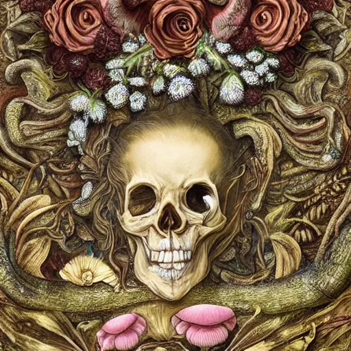 Image similar to a beautiful detailed front view rococo portrait of a rotten woman corpse becoming almost a skull with face muscles, veins, artery, fractal plants and fractal flowers and mushrooms growing around, intricate, ornate, volumetric light, beautiful lit, beetlejuice