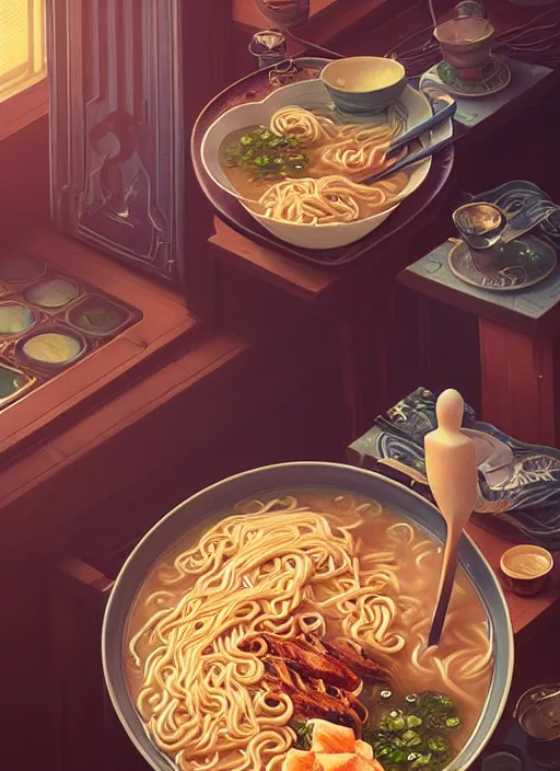 Prompt: highly detailed bowl of lucrative ramen, stephen bliss, unreal engine, fantasy art by greg rutkowski, loish, rhads and lois van baarle, ilya kuvshinov, rossdraws, tom bagshaw, alphonse mucha, global illumination, detailed and intricate environment