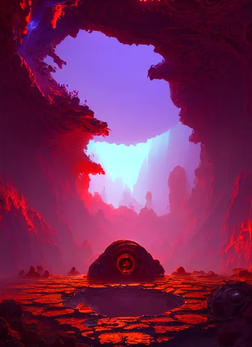 Prompt: future technology nether portal on a humongous hell biome, d & d, gloomhaven, matte painting concept art, art nouveau, beautifully backlit, swirly vibrant color lines, fantastically gaudy, aesthetic octane render, 8 k hd resolution, by ilya kuvshinov and cushart krentz and gilleard james