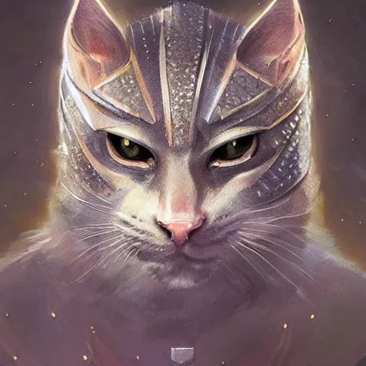 Image similar to portrait of khajit wearing diamond armor from the future,digital art,ultra realistic,ultra detailed,art by greg rutkowski,dramatic