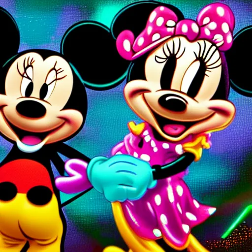 Image similar to ! dream minnie and mickey mouse doing lsd at a rave highly detailed digital photograph cinematic lighting