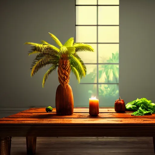 Image similar to a large vase with palms on top of a antique wooden table, vegetables on table and candle, medieval antique concept art, cinematic lightning and colors, vray tracing, rendered in unreal engine, dark lightning, contrast shadows, super detailed, 8 k