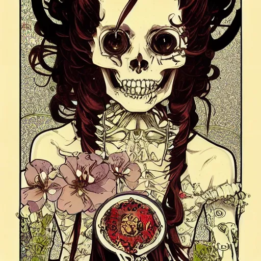 Image similar to anime manga skull portrait girl female skeleton illustration intricate detail patterns art Geof Darrow and Ashley wood and Ilya repin and alphonse mucha pop art nouveau