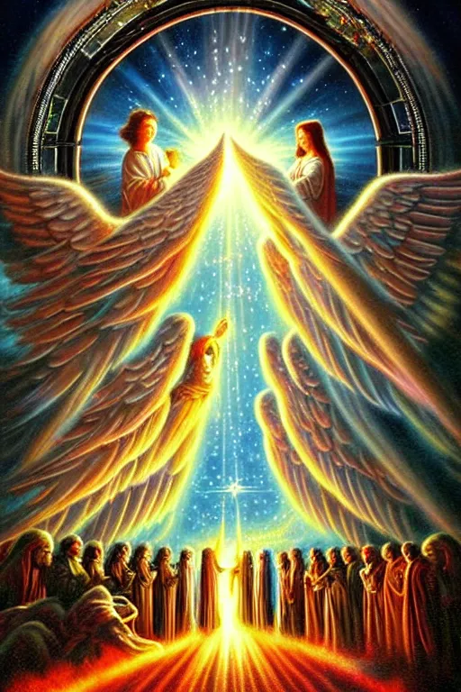 Prompt: a photorealistic detailed cinematic image of angels guiding a departed soul crossing the ornate portal to the afterlife. met by friends and family, overjoyed, by pinterest, david a. hardy, kinkade, lisa frank, wpa, public works mural, socialist