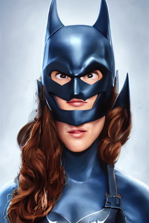 Image similar to portrait of Young Jennifer Connelly as Batgirl , face portrait, raphael lacoste, eddie mendoza, alex ross, concept art, matte painting, highly detailed, rule of thirds, dynamic lighting, cinematic, detailed, denoised, centred