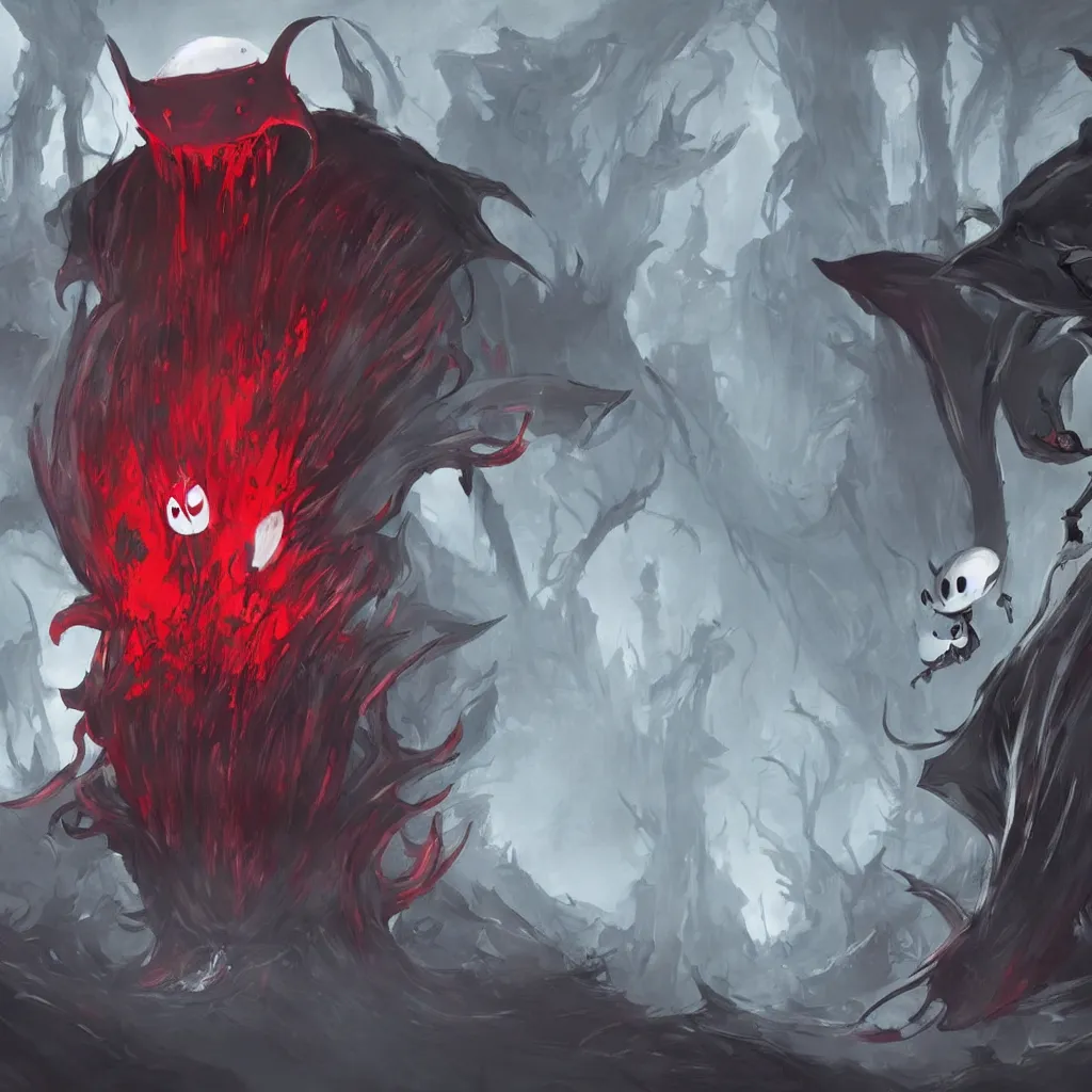 Image similar to concept art for hollow knight. Ominous. High detail. No text. Red. Bright Colors. nightmare king grimm. Sharp. 4K 8K. Detailed shapes.