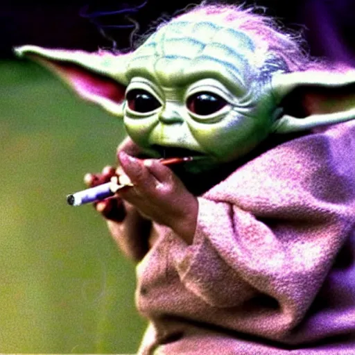 Image similar to Baby Yoda smoking a cigarette 4K quality