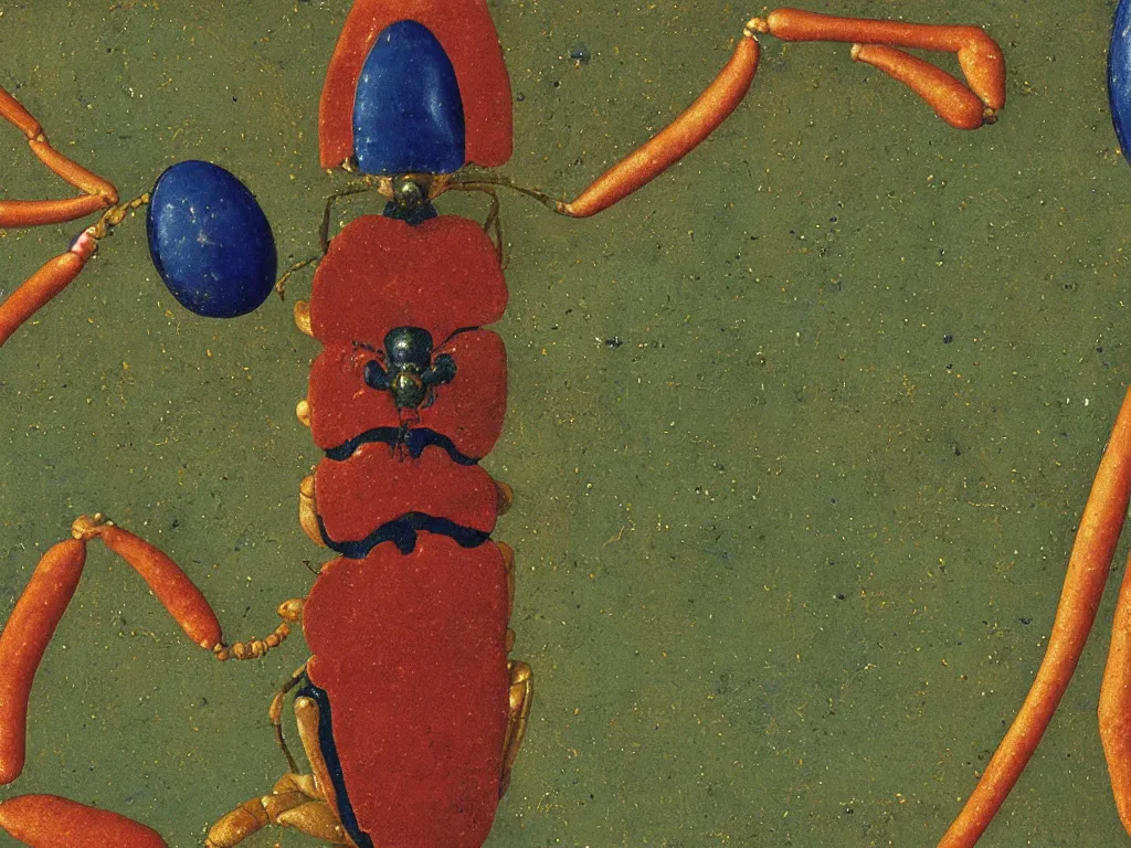 Image similar to close up of an exotic beetle. lapis lazuli, jasper, jade, gold. painting by piero della francesca, balthus, agnes pelton