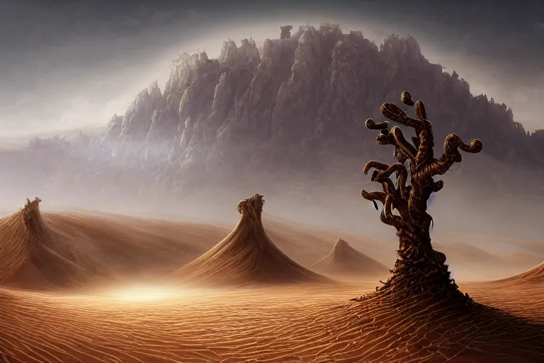 Image similar to cinematic fantasy landscape painting of a desert valley of bones, an eclipse, over an autumn maple bonsai growing alone, on a desolate sand dune in front of a primordial mountainous desert landscape of bones by and jessica rossier