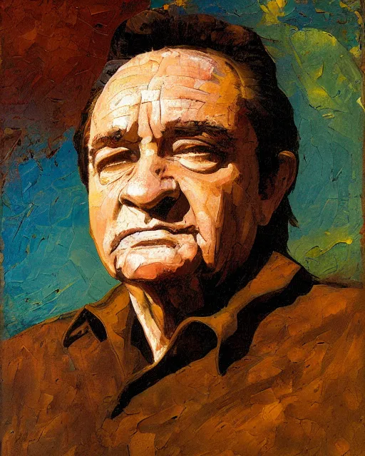 Prompt: painterly portrait, Johnny Cash, impasto, fantasy, chuck close:7, carl spitzweg:7, cinematic light, full face, symmetrical face