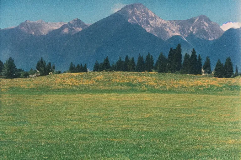 Image similar to film color photography, small mirror in distance, long view of green lawn, no focus, mountains in distance, 35mm