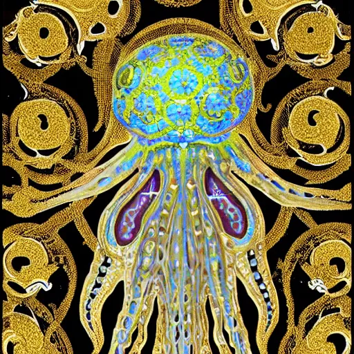 Prompt: translucent ornate glowing rococo sea squid and jellyfish by Damien hirst in a gold and black Byzantine religious style