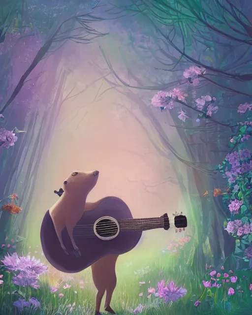 Image similar to Capybara playing Guitar in magical forest, portrait, magical notes, flowers, flower dress, fairy atmosphere, magic the gathering artwork, D&D, fantasy, cinematic lighting, centered, symmetrical, highly detailed, digital painting, artstation, concept art, smooth, sharp focus, illustration, volumetric lighting, epic Composition, 8k, art by Akihiko Yoshida and Greg Rutkowski and Craig Mullins, oil painting, cgsociety