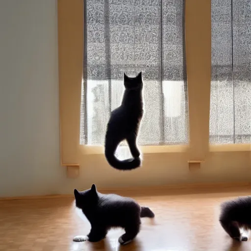 Image similar to many fluffy cats standing up on their hind legs, looking curiously into the air. Modern room, sun rays, well lit house