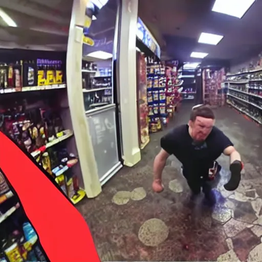 Prompt: bodycam photo of a drunk chris evans beating a small store mascot, wide angle, fisheye, uhd, 8 k, bodycam, award winning,