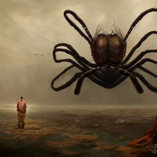 Image similar to a man standing in front of a giant spider, foggy scene. concept art by jason a. engle, cgsociety, fantasy art, concept art, lovecraftian, apocalypse art.