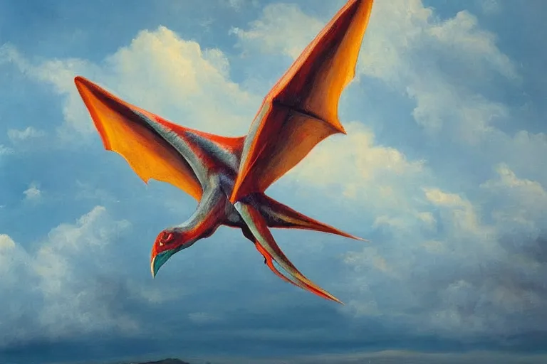 Image similar to oil painting of a giant pterodactyl flying through the clouds, multi chromatic, single area of attention, still life, soft outlines, elegant and refined painting, fully rendered light to shadow