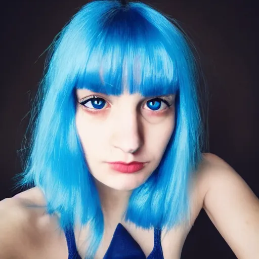 Image similar to a pale girl with blue hair, fringe, soft facial features, looking directly at the camera, neutral expression, instagram picture