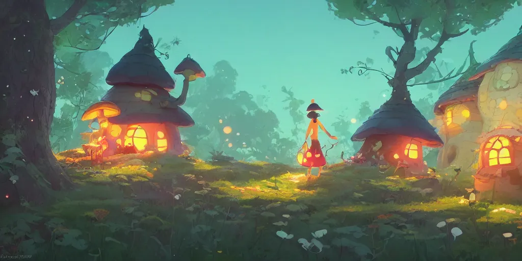 Image similar to small fairy mushroom house, by cory loftis & akihiko yoshida & james gilleard & atey ghailan & makoto shinkai & goro fujita & studio ghibli, rim light, exquisite lighting, clear focus, magic atmosphere, lights, night, very coherent, plain background, soft painting