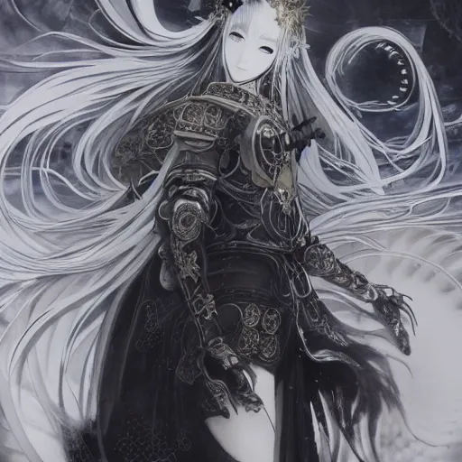 Image similar to yoshitaka amano blurred and dreamy illustration of an anime girl with black eyes, wavy white hair fluttering in the wind wearing elden ring armor and crown with engraving, highly detailed face, abstract black and white patterns on the background, noisy film grain effect, highly detailed, renaissance oil painting, weird portrait angle, blurred lost edges, three quarter view