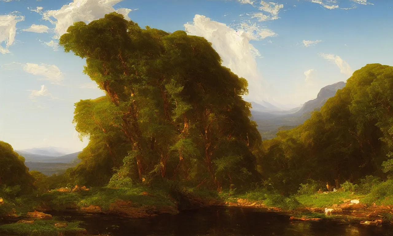 Image similar to a serene landscape painting by thomas cole and frederic edwin church