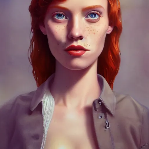 Image similar to Lofi pale redhead with freckles portrait, Pixar style, by Tristan Eaton Stanley Artgerm and Tom Bagshaw.