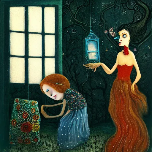 Image similar to a portrait of a woman standing infront of a window, she is happy and has lovely hair and eyes, a man is standing behind her with a look of suprise in his face, 8 k, lowbrow, in the style of daniel merriam and alexander jansson,