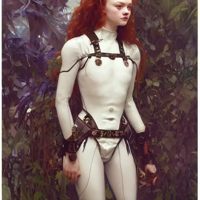 Prompt: sadie sink domme mistress, full body, dominatrix, tribal, smooth white tight clothes suit, ornate, very beautiful, concept art, realistic painting, androgynous, afrofuturism, daz 3 d, cinematic, cgsociety, digital art by greg rutkowski, by alphonse mucha