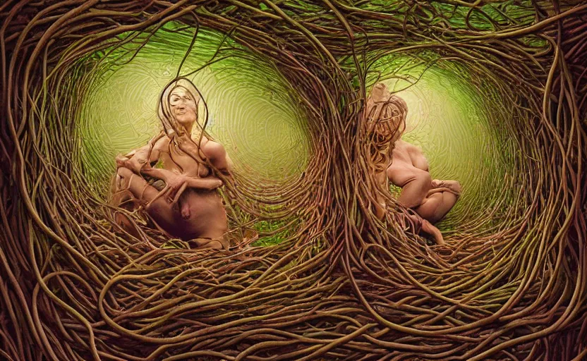 Image similar to a person trapped in the fetal position inside of extremely thick vines intertwined, central circular composition, high saturation, epic lighting, in the style of Peter gric and Hannah yata 8k