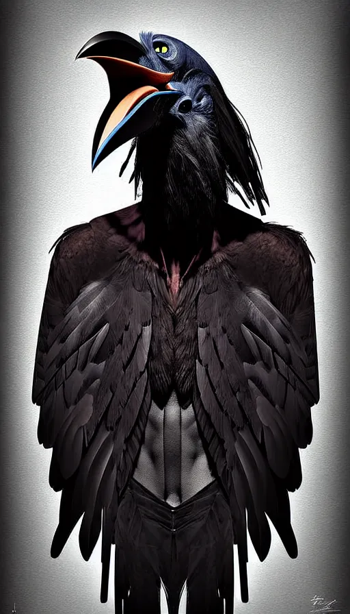 Image similar to epic professional digital portrait art of a human - crow hybrid creature, crow head, crow beak, feathered humanoid torso by bill hillier