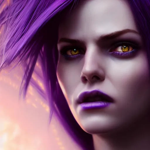 Prompt: a woman with purple hair and purple glowing eyes, realistic, 8 k, extremely detailed, cgi, trending on artstation, hyper - realistic render, 4 k hd wallpaper, premium prints available, by greg rutkowski
