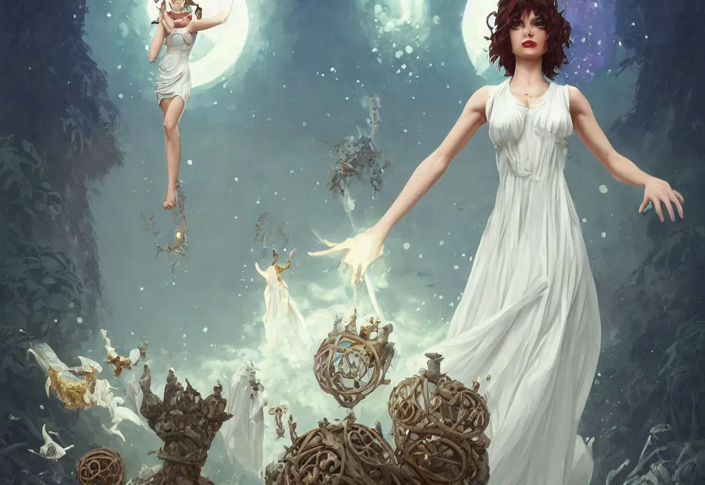 Image similar to full body picture of a white dress witch, standing on a floating greed cubes with monster companions, model pose, very brightening eyes, huge magic circles on the hand, magic and fantasy, extremely beautiful and aesthetic and detailed cute face, specular reflection, occlusion shadow, intricate, masterpiece, by ilya kuvshinov and jeremy lipking and quentin mabille