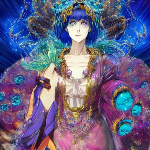 Prompt: realistic anime of a rich ethereal colorful blue hybrid of a peacock and fox damaged zombie, accented in bright metallic gold, wearing star filled mage robes and excessive amounts of golden jewelry and gems, art by yuji ikehata and satoshi kon, background art by miyazaki, realism, proper human proportions, fully clothed, vhs