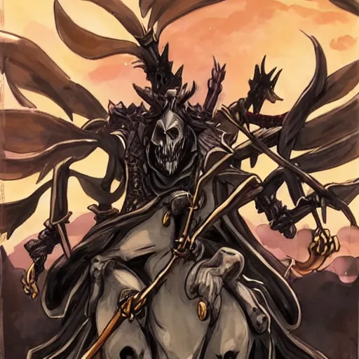 Prompt: ainz ooal gown leading the undead army to battle riding a flaming skeleton horse