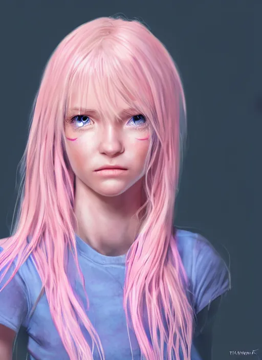 Prompt: concept art for the main character in the award winning film named life is better in pink. the character is a unnaturally beautiful teenage girl with deep light blue eyes and long curled pink dyed hair, wearing light pink clothes. realistic cg render, anatomically correct, high key lighting, trending on art station, vibrant colors. detailed eyes, eyes with impressive details.