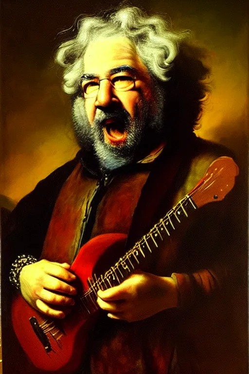 Prompt: Jerry Garcia portrait painted by Rembrandt, highly detailed oil painting