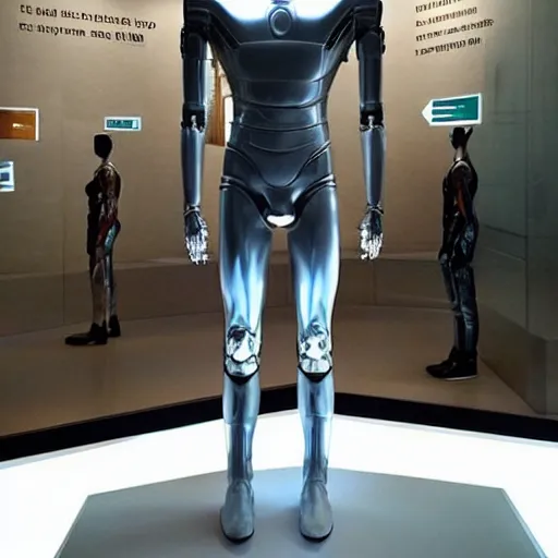 Image similar to “a realistic detailed photo of a guy who is an attractive humanoid who is half robot and half humanoid, who is a male android, actor Grant Gustin, shiny skin, posing like a statue, blank stare, at the museum, on display”