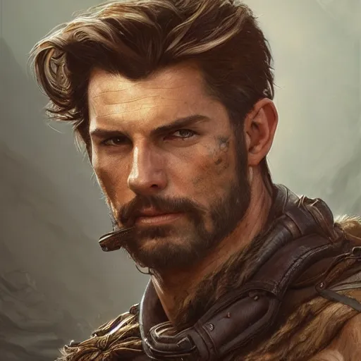 Image similar to portrait of a rugged ranger, coherent hands, handsome, muscular, full body, leather, hairy torso, d & d, fantasy, intricate, elegant, highly detailed, digital painting, artstation, concept art, smooth, sharp focus, illustration, art by artgerm and greg rutkowski and alphonse mucha