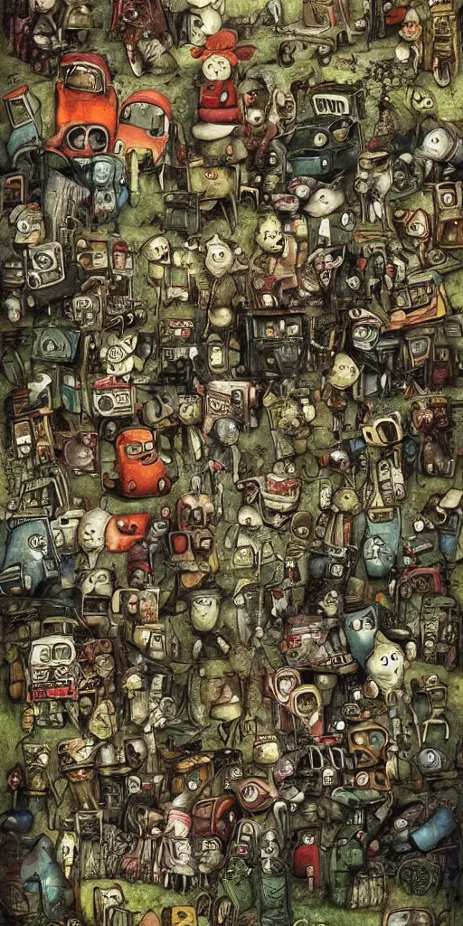 Image similar to a junkyard scene by alexander jansson and where's waldo