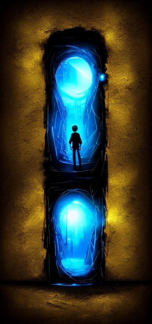 Prompt: The portal into his imagination. High concept art. Introspective. Blue black gold themed.