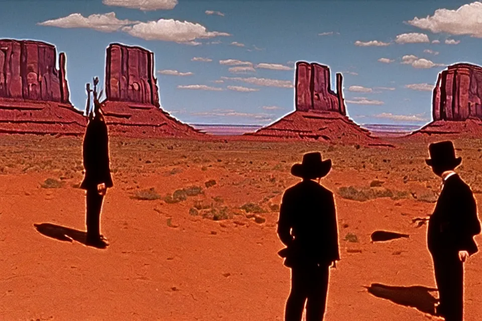 Prompt: filmstil by Sergio Leone showing duel in front of the Monument valley, western, photorealistic, cinematic atmosphere