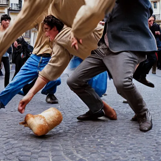 Image similar to closeup portrait of people fighting baguettes in a paris street, by Steve McCurry and David Lazar, natural light, detailed face, CANON Eos C300, ƒ1.8, 35mm, 8K, medium-format print