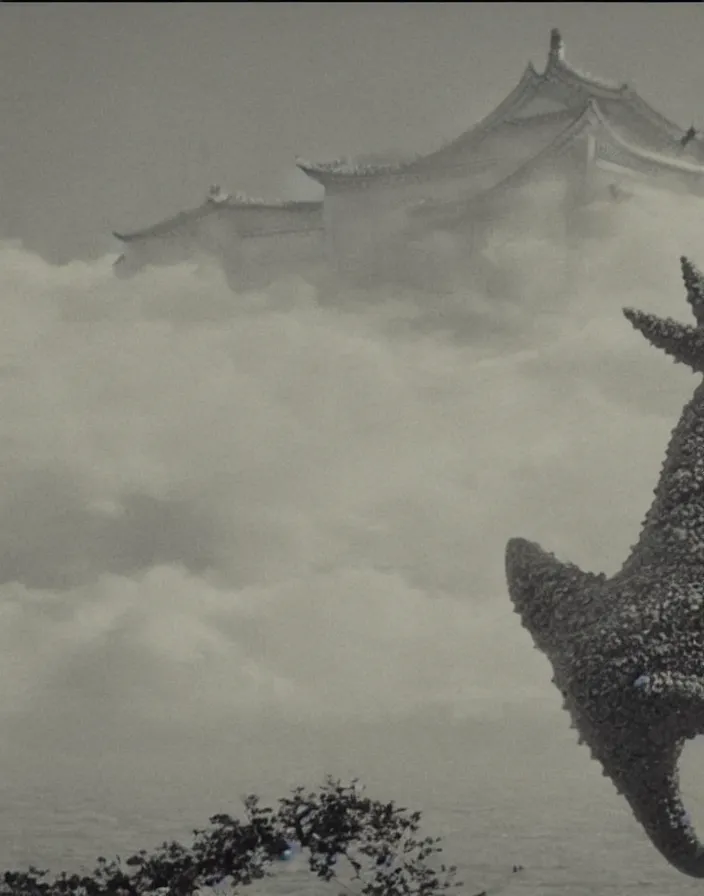 Image similar to a filmstill of a north korean monster movie, kaiju - eiga monster starfish - like trampling a traditional korean palace, foggy, film noir, video compression