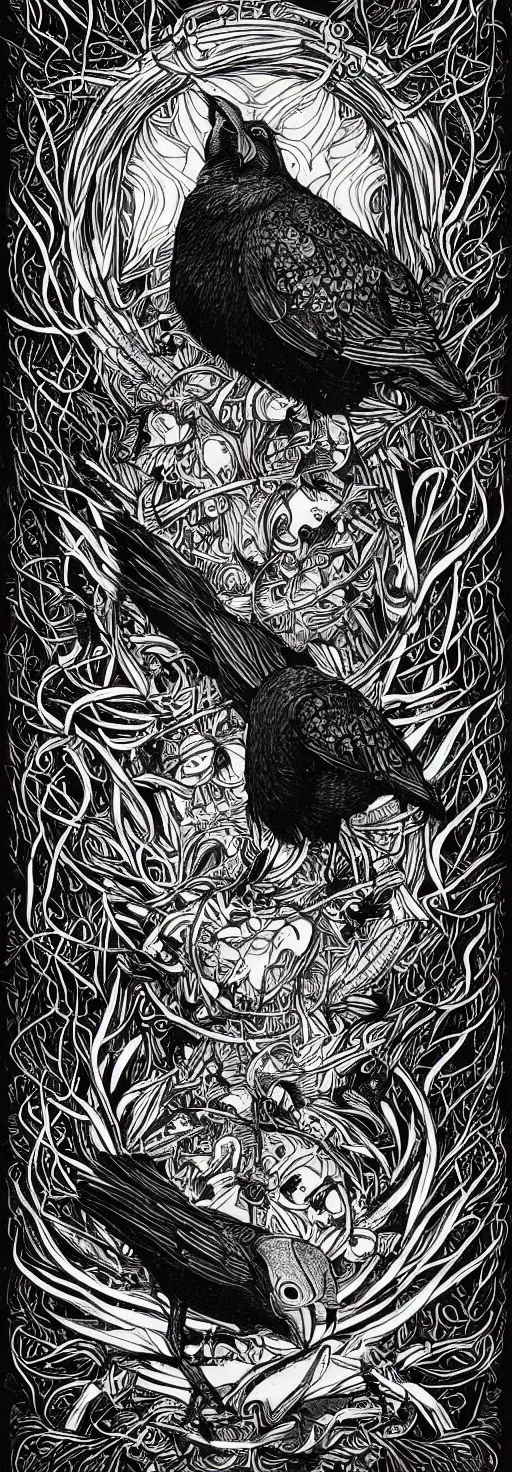 Image similar to psychedelic, monochrome artwork!!, raven, deer, in front of an owl that is a window into the ocean, typography, hr giger, didier comes, james jean, andreas rocha,