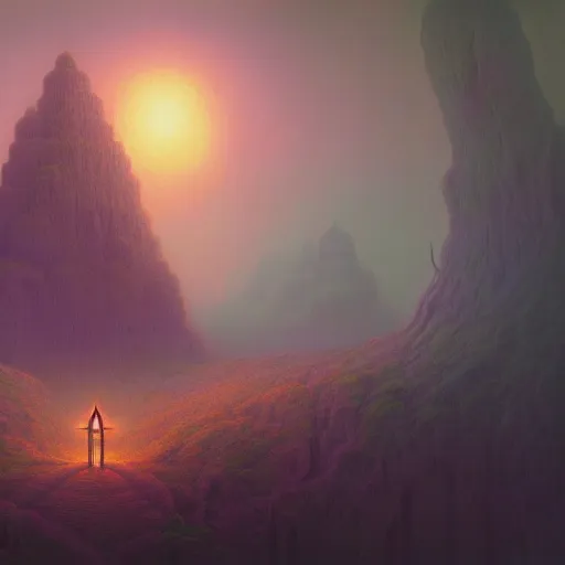 Prompt: enchanted temple landscape in the style of riven and myst by beksinski and rhads vivid color, highly detailed, mystical, digital painting, artstation, concept art, matte, sharp focus.