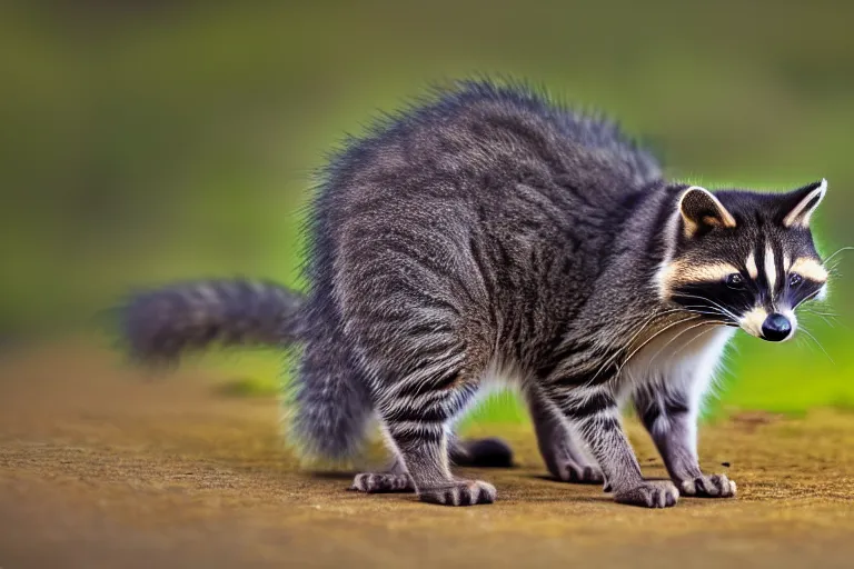 Image similar to a cat racoon!!! hybrid! hyper realistic!! realistic lighting!! wildlife photographer of the year!!! bold natural colors, national geographic, hd, wide angle, 8 k